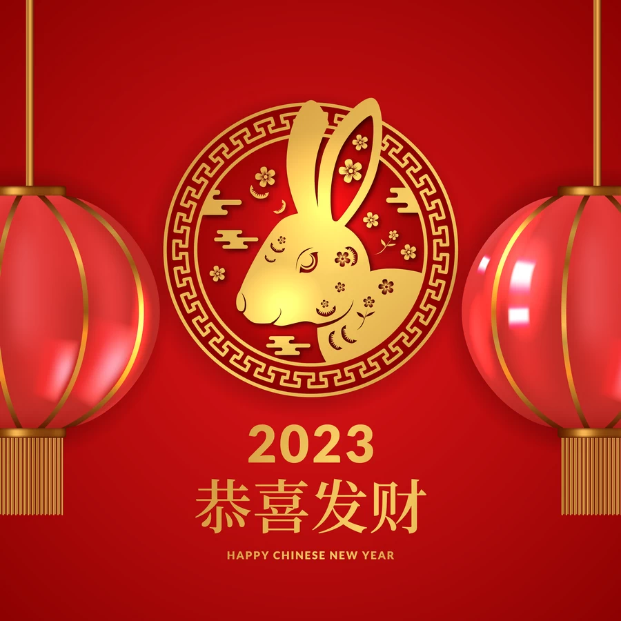 红色喜庆2023年兔年大吉新年快乐恭喜发财插画海报展板AI矢量素材【019】